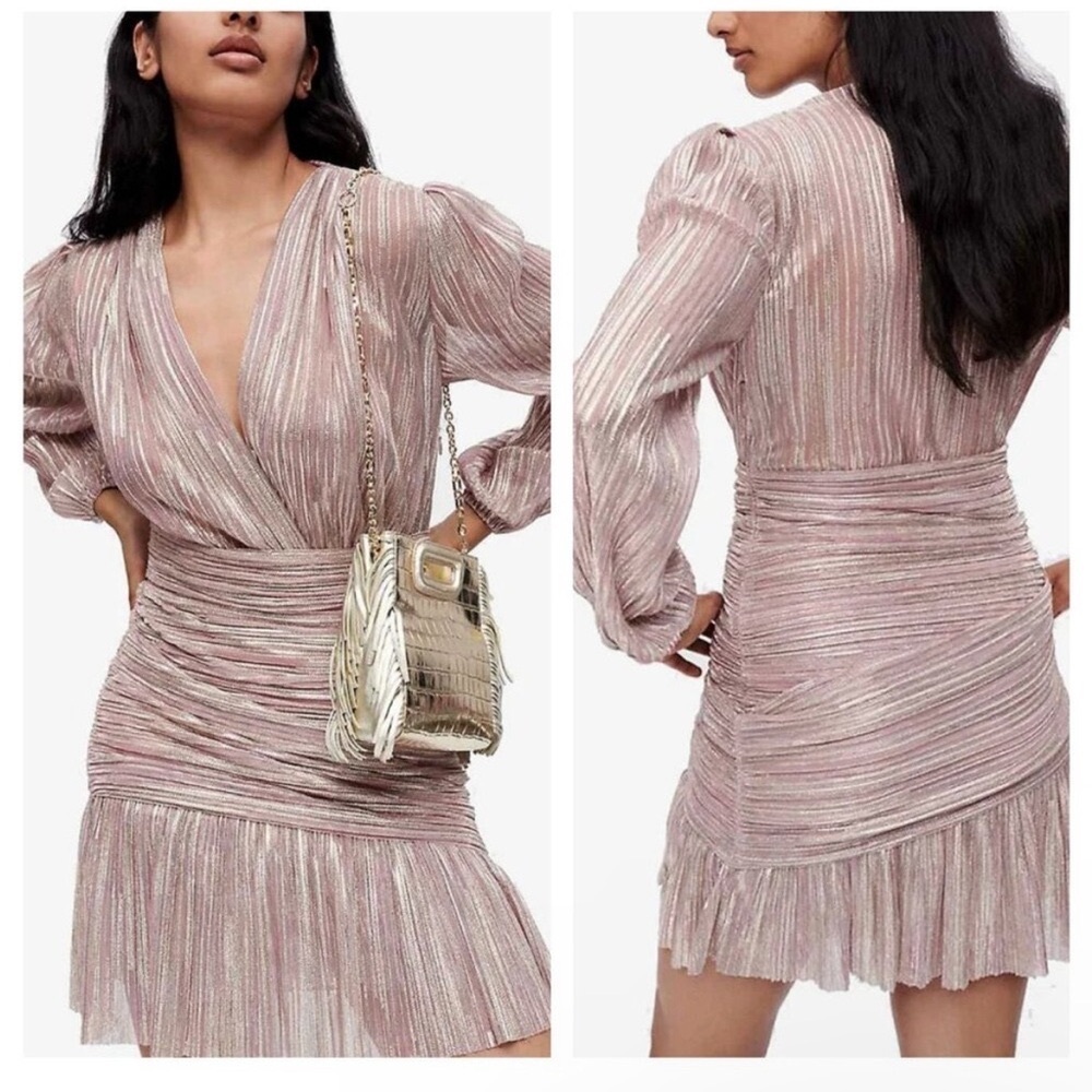 Maje Runnylo Metallic Lurex Pleated Mini Dress Pink Rose Women's Size 42 US 10